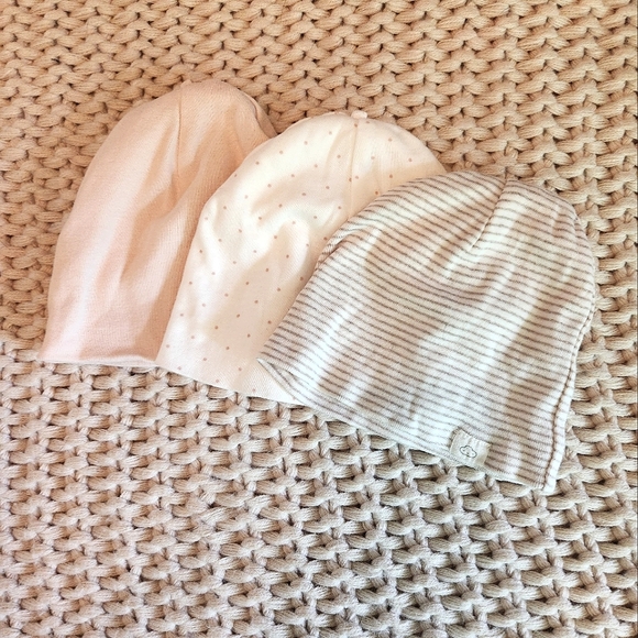 Bundle of 3 H&M Cotton Hats - 3 Month - Pink/White with Pink Dots/Beige Stripe - Picture 1 of 2